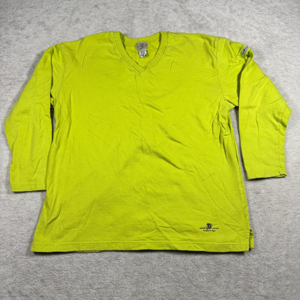 United Cotton Company Womens Lime Green V-Neck Long Sleeve Cotton Shirt Size M